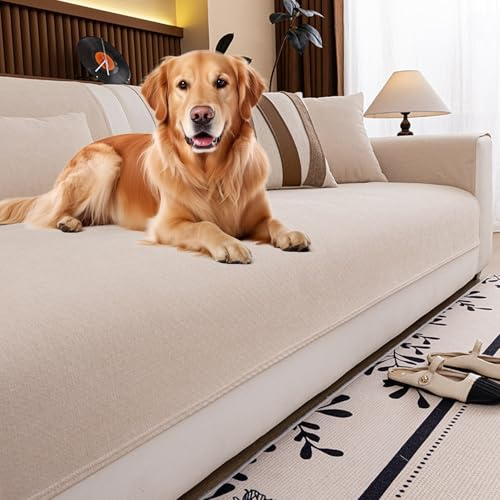 Genérico Funda Sofa 3 Plazas Jarapas para Sofas Impermeable Funda Asiento Sofa Chenilla 1/2/3/4 plazas Cubresofa Antideslizante Lavable A MáQuina Apto para Todas Las Estaciones(Beige,90x280cm)