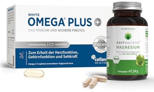 Omega 3 & Magnesium Bundle - White Omega PLUS mit hochdosiertem EPA & DHA zur Herzfunktion aus nachhaltigem Wildfang & Magnesium Phytholistic aus Bio-Algen für Muskeln, Energie & Alltag