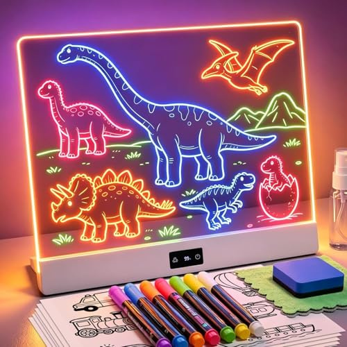 KOKODI Tablero de dibujo LED para niños: creativo y recargable, luz de neón, 30 x 26 cm, pizarra de notas acrílica, con 8 + 3 modos de luz y batería de 10 horas, gran elección de regalo para pintar y