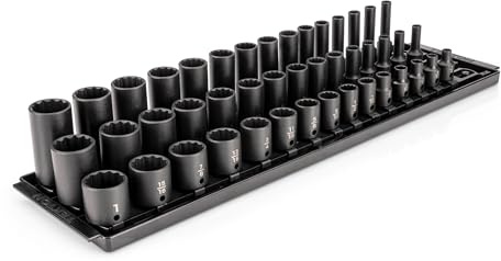 TEKTON 3/8 Inch Drive Shallow, Semi-Deep, and Deep 12-Point Impact Socket Set with Rails and Trays, 45-Piece (1/4-1 in.) | SID91124