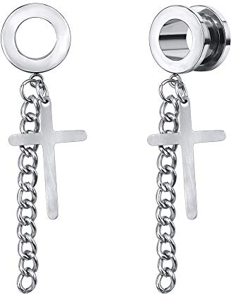 ZS Vintage Moon Dangle Ear Tunnels Plug Stainless Steel Screw Ear Gauge Feather Chain Ear Expander Flesh Tunnels Piercing (Cross,2g(6mm))
