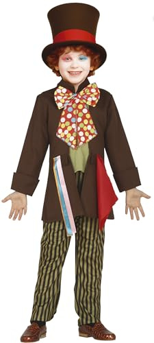 FIESTAS GUIRCA | Costume Crazy Tailor Bambini (5-6 Anni) - Camicia, Giacca, Papillon, Pantaloni e Cappello - Costumi di Alice per Feste in Maschera - Ideale per Bambini - Marrone e Multicolore