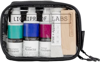 Liquiproof LABS Footwear & Fashion Care Travel Kit | Shoe Cleaning Kit with Protector, Cleaner & Freshener | Waterproof Shoe Protector Spray, Brush & Cloth | Trainer & Sneaker Care Set