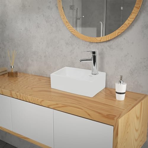 ECD Germany Lavabo en Céramique Blanc 350x205x125 mm, Rectangulaire, sans Kit de Vidange, Trou de Robinet à Droite, Vasque à Poser Suspendu, Mini Lave-Mains de Toilette Salle de Bain