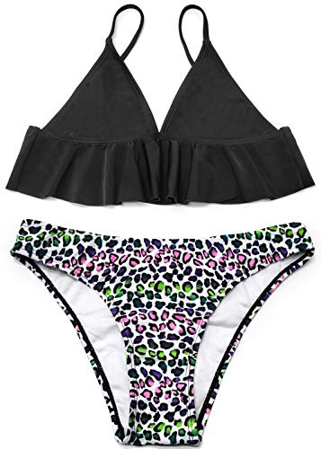 SHEKINI Trajes De Baño De Dos Piezas para Niñas Bandeau Volantes Estampado Flores Cintura Baja Bikini Bottoms Playa Bikini por Niña de 6 a 14 años (Negro Y, 12 años)
