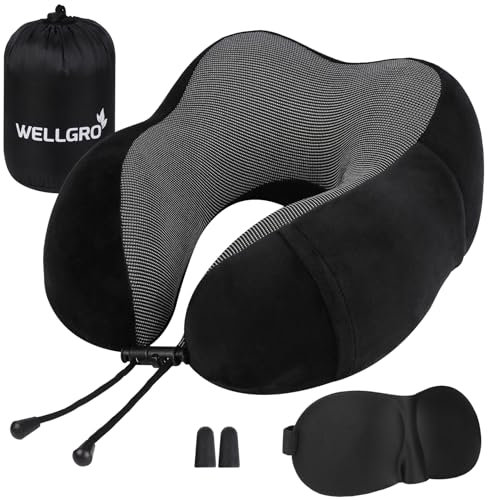 WELLGRO Nackenkissen Set mit 3D Schlafmaske und Ohrstöpsel - Abnehmbarer Bezug - Memory Schaum - Reißverschluss - inkl. Aufbewahrungstasche - Reisekissen - Farbe wählbar, Farbe:Schwarz