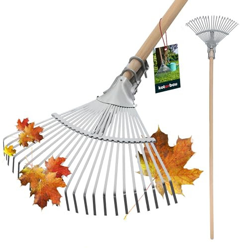KOTARBAU® Laubrechen mit Stiel aus Holz Verzinkt verstellbare Breite Rechen Laubbesen Gartenrechen mit Stiel Fächerbesen Gartenrechen Metall Laubfeger Laub Rechen 30 - 45 cm