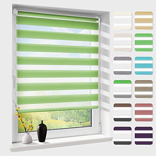 Doppelrollo klemmfix ohne Bohren, Duo Rollos für Fenster & Tür mit Bohren, Version 2025 Grün B40 x H120cm, Fensterrollo lichtdurchlässig & verdunkelnd, Klemmrollo Sonnenschutz
