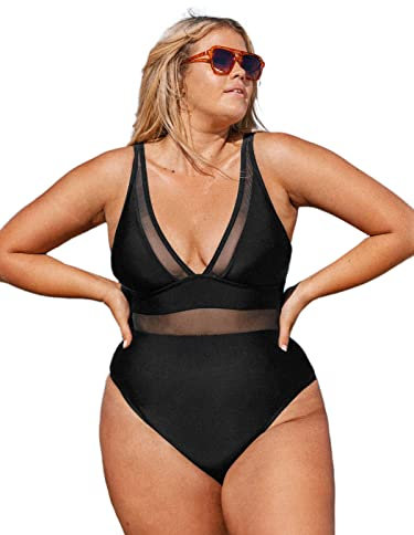 CUPSHE Damen Große Größen Badeanzug Tiefer V Ausschnitt Sheer Mesh Einteilige Plus Size Bademode Swimsuit Schwarz XL