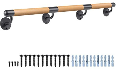 Dolibest Wooden Handrail, 300cm Stair Hand Rail Indoor Banister Railing with Fittings 3.8cm Round Wall Mounted Staircase Balustrade Outdoor Safety Grab Bar for Younger/Elder/Disabled