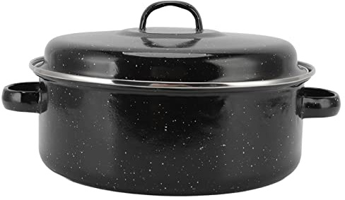 Asador Redondo Cubierto, Asadera Antiadherente con Tapa Y Estante, Asadera Multiusos de Gran Capacidad Negra Moteada, Asadera Esmaltada para Pavo, Carne, Verduras, Batatas, Castañas(Los 28cm)