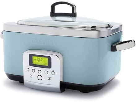 GreenPan Elite 8-in-1 Mijoteuse Programmable 6L, Couvercle et Plateau Amovible Lavable au Lave-Vaisselle, Céramique Non-Adhérente Saine Sans PFAS, Cuisson, Sauté, Panier Vapeur, Rôtissage, Bleu Brume