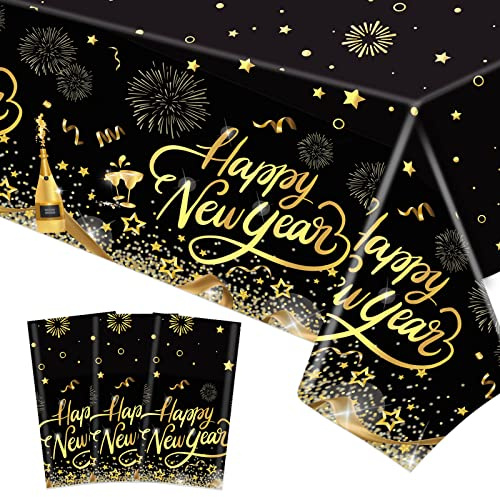 DPKOW 3 Stück 2026 Silvester Tischdecke Schwarz Gold Einweg Plastik Tischdecke Silvester Deko Happy New Year 2026 Deko, 274 x 130 cm