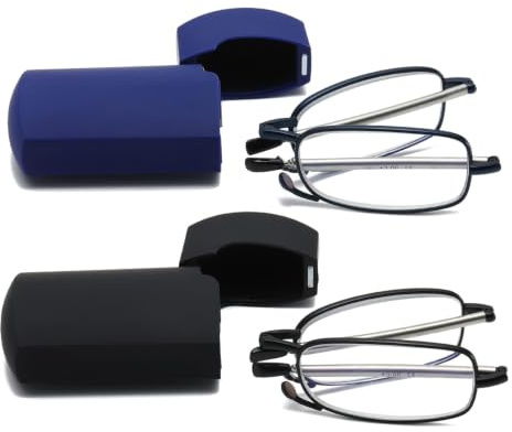 Hubeye 2 Paar Faltbare Lesebrille Mini Tragbare Lesehilfe aus Edelstahl mit Hartschalen-Etui Anti-Blau Sehhilfe für Herren und Damen 2.50