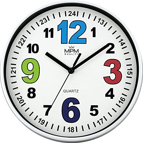MPM Quality Design Kinder Wanduhr aus Kunststoff mit markanten farbigen Zahlen, Weiß, Quarz Sweep, Bunte Kinder-Uhr, Ø 200 x 34 mm, ideal für Kinderzimmer, Kindergarten oder Schule