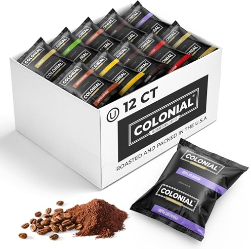 Colonial Coffee 12 Count Single Pot Coffee Packets – Assorted Variety Pack, Medium & Dark Roast Blends | Pre-Measured Frac Packs for 12 Cup Maker | Bulk Ground Gourmet Coffee for Home & Office