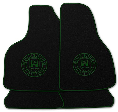 AUTOTEPPICH-Stylers Velours Schwarze Fußmatten passend für VW Golf 4 Cabriolet 1998-2002 mit Logo Wolfsburg Edition WOB und Rand in dunkelgrün