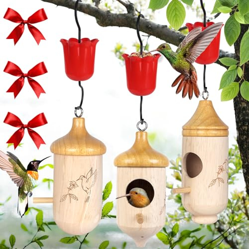 Hummingbird House, 3pcs Wooden Hummingbird Houses for Outside for Nesting, Gardening Gifts Home Decoration