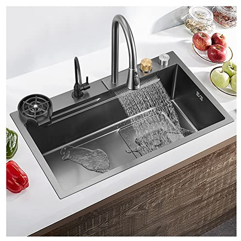 MBROS Schwarzes Küchenspülbecken aus Edelstahl 304 Nano Raindance Wasserfall-Aufsatzwaschbecken Einbau- oder Unterbau-Waschbecken für einen Waschraum Moderne Barspüle mit Tassenwaschbecken und aus