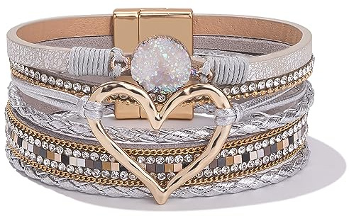 FANCY SHINY Mothers Day Gifts Heart Leather Wrap Bracelets Stackable Boho Cuff Bangles Trendy Resin Stone Rhinestone Bracelets with Magnetic Clasp for Women GiftsJewelry(Silver2)