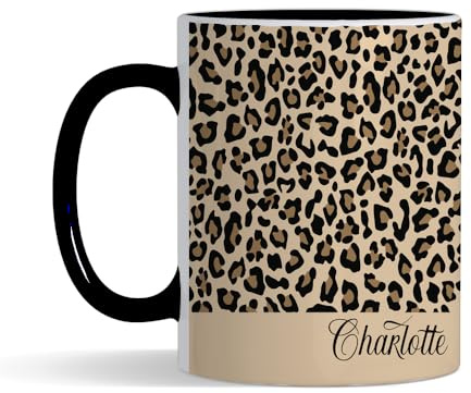 Getagift Personalised Cheetah Print Mug Custom Name, Leopard Print, Animal Print, Inside Coloured Coffee, Tea Mug. (Black)