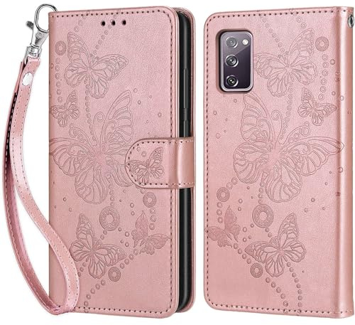 Handyhülle für Samsung Galaxy S20 FE 4G/5G Hülle, Roségold Schmetterling | PU Leder Flip, Klappbar, Stoßfest, Magnetisch, Standfunktion, Kartenfächer, Retro Design, Handgelenkband