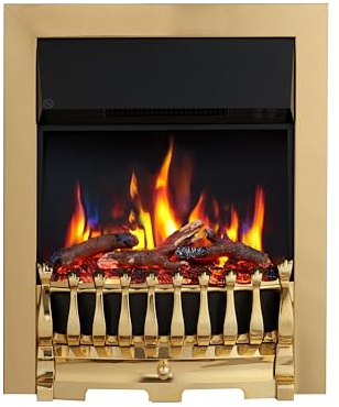 FLAMEKO 16 Freestanding Electric Fireplace Insert, Blenheim Fret, Verona | With 2 Heat Settings 1kW-2kW, 9 Colour LED Flame Effect, Logs & Black Chips Included, Brass Trim with Spacer, Remote Control