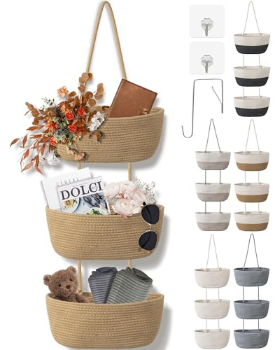 wymulot 3 Tier Wall Mounted Woven Hanging Basket, Over the Door Hanging Basket with Hooks, Decorative Storage Hanging Closet Removable, Large Wall Basket for Living Room, Bedroom, Kitchen (Brown)