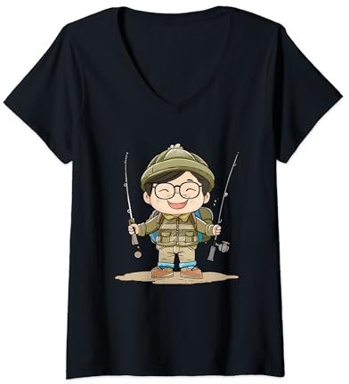 Damen Fischer Junge Comic Angelausflug T-Shirt mit V-Ausschnitt