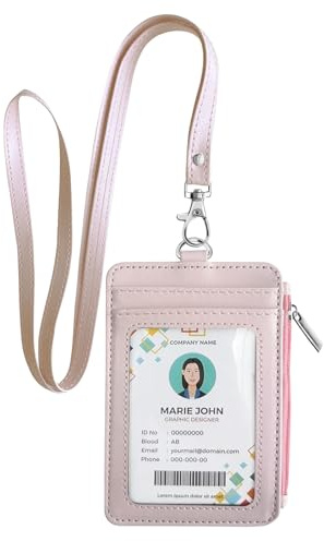 bolimoss 2-in-1 Ausweishalter und Umhängeband, für Damen und Mädchen, Leder, vertikaler Ausweishalter mit abnehmbarem Umhängeband, 1 transparentes Ausweisfenster, 4 Kreditkartenfächer, 1 Münzfach,