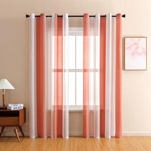 Daesar Vorhänge Halbtransparent Polyester mit Ösen 132x244CM, Orange Vorhänge 2er Set Nordisch Gestreift Bicolor Vorhänge Lichtdurchlässig Wohnzimmer Küche