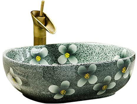 Zhaoj24-05 Lavabo da appoggio Lavabo da Bagno in Ceramica da 18,9 x 15,3 Pollici, lavabo Ovale da appoggio Artistico con Motivo Floreale (Solo 1 lavandino) Ideale per i Piani d'appoggio(A)
