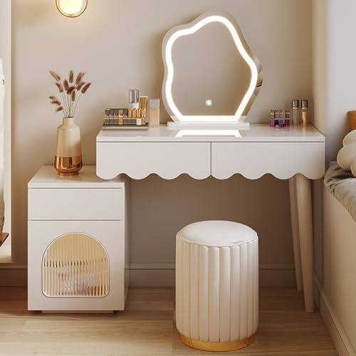 Clouds Beleuchtetes Make-up-Set mit verstellbaren 3 Farbhelligkeiten, 3 Schubladen, Beistellschrank und gepolstertem Hocker, weißer Schminktisch (99,8 x 39,9 x 74,9 cm)