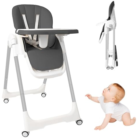 UISEBRT Kinderhochstuhl Klappbar, Höhenverstellbarer Baby Essstuhl mit Liegefunktion, Verstellbarem Doppeltablett und 5-Punkt-Gurt, Tragbarer Hochstuhl für Zuhause und Unterwegs, Grau