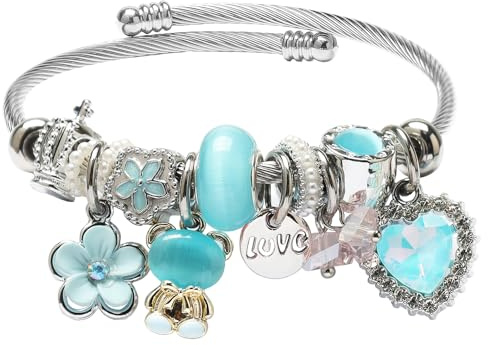 DS Charm Bracelets for girls,exquisite cute cartoon friendship bracelets Silver Stainless Steel Bangle with birthday Gift box, Adjustable girls jewelry Suitable for holiday gifts (Silver-blue bear)