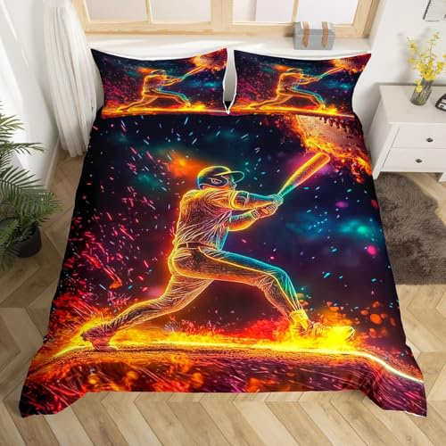 Parure de lit avec housse de couette respirante pour décoration de chambre d'adolescente et de femme, motif joueur de baseball, sports et jeux de ballon, pour lit double (sans couette)