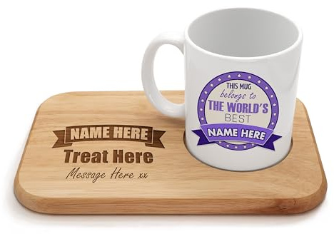 Personalised Tea & Biscuit Board Tray with 11oz Ceramic Mug. Add any Treat and Bottom Message to the Board. Purple - Worlds Best...Add-Any-Name
