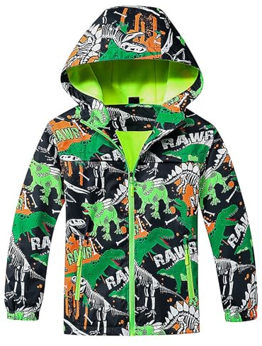 FILOWA Veste Imperméable pour Garçons Veste de Pluie à Capuche Légère Manteau avec Doublure Polaire Dinosaure Imprimé Blouson Chaud Coupe Vent Ecole Camping Vêtement de Pluie Enfants 9-10 ans, Vert