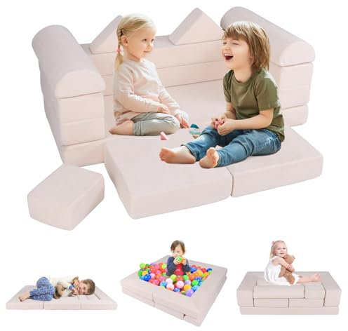 GOPLUS Modulär barnspelsoffa, barnsoffa av skum med mockatyg, modulär soffa för lek och sömn, barnmöbler för lekrum, för pojkar och flickor från 3 år (beige)