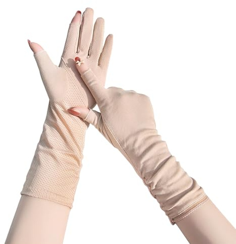 OhMill Gants de Soleil Longs Été pour Femme Gants de Conduite à Deux Doigts Ouverts en Coton Gants de Cyclisme à Écran Tactile Antidérapant Absorption de Transpiration pour Pêche Randonnée Extérieur