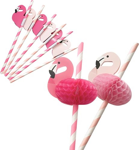 60 Papierstrohhalme mit 3D Flamingo Deko – Einweg-Trinkhalme für Sommerparty, Geburtstag, Baby Shower, Cocktailabend & Tropische Tischdekoration