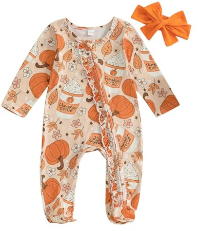 Newborn Baby Girl Boy Halloween Outfit Baby Boys Long Sleeve Pumpkin/Ghost Romper Zipper Jumpsuit Long Sleeve Crewneck Ghost Pumpkin Print Romper (Orange Headband, 0-3 Months)