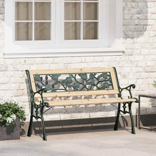 QUAHEAS Gartenbank für Outdoor, 115cm Holz & Gusseisen Gartenmöbel, wetterfeste Sitzbank für Terrasse, Balkon & Park, 3-Sitzer Sitzgelegenheit mit Rosenmuster Design
