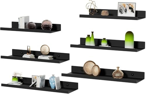 Qaxinmi Wandregal aus schwarzem Metall, 6er Set, Schweberegale im Industriellen Design für Bücher, Dekoration & Organisation – Wandregal für Wohnzimmer, Küche, Bad, Schlafzimmer & Büro