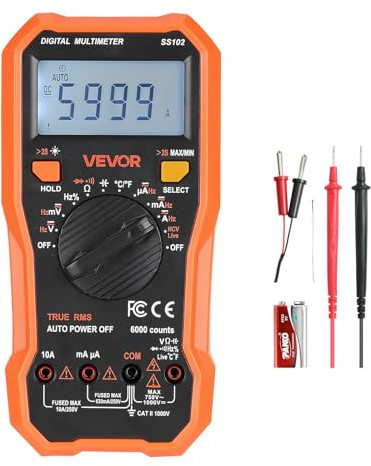VEVOR Multimètre Numérique, 6000 Points, Multimètre Professionnel NCV TRMS Voltmètre Test de Tension CA CC, Courant, Résistance, Capacitance, Fréquence, Température, Diodes, Continuité, Cycle Service