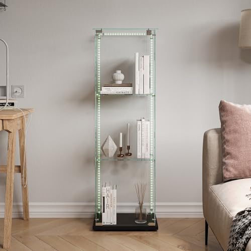 BestAlice Glasvitrinskåp, stående vitrinskåp, skåp för samling med LED-ljuslister och lås, förvaringsskåp med 1 dörr, 3 hyllor, transparent möbelvitrinskåp för vardagsrum, bar, svart