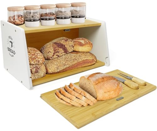 MinBoo Bambus-Brotbox für Küchenarbeitsplatte, mit Schneidebrett und Messer, Brotbehälter, Brotbehälter für selbstgemachtes Brot, 38 x 20 x 24 cm (L x B x H), Montage erforderlich (natürliche Farbe)