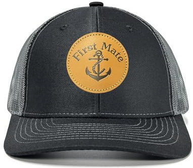 Horpe First Mate Trucker Hat, Boat Gifts for Skipper Sailing Boating, Adjustable Snapback Black Front Gray Mesh Baseball Cap with Leather Patch