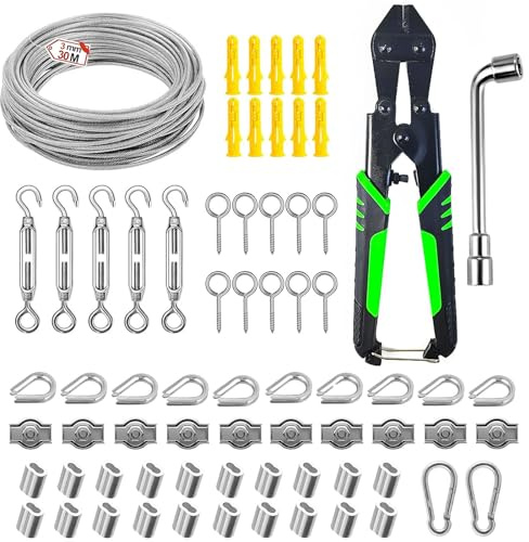 Kit de 70 piezas de cable de acero inoxidable plastificado 30m 3mm, cuerda para tendedero exterior, incluye tensores de alambre y accesorios, para suspensión en exteriores y plantas trepadoras