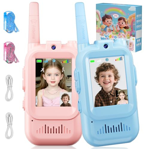 Walkie Talkies for Kids, Video Walkie Talkies 5 6 7 8 Girls Birthday Presents, Kids Toys for 3-12 Girls Boys USB Rechargeable 4 Voice Changing Sensory Toys for Autism Girls Pink Blue